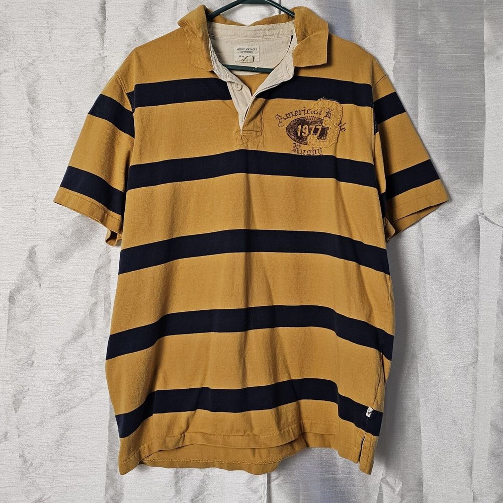 American Eagle Polo Shirt Men Large Gold Blue‎ Striped Rugby Logo Short Sleeve